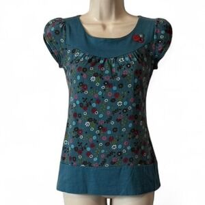 Vintage Y2K Forever 21 "Forever" Tag Teal Floral Tunic Top Rare 90s Style